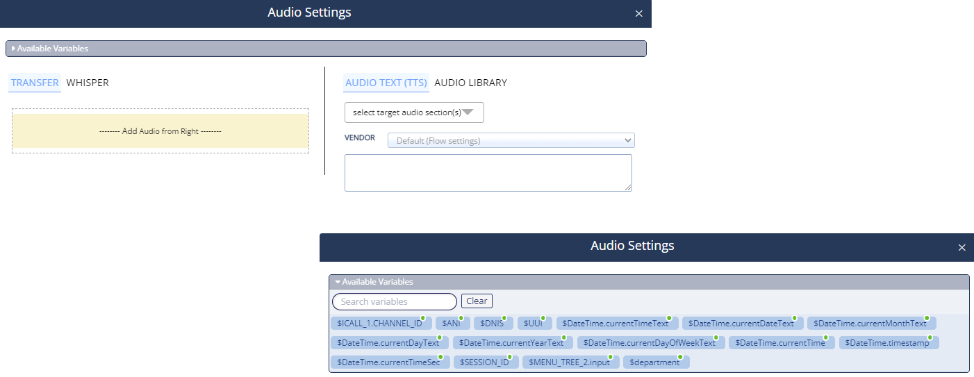 A sample of the Audio Settings pop-up for a Transfer action with the Available Variables section collapsed and then expanded